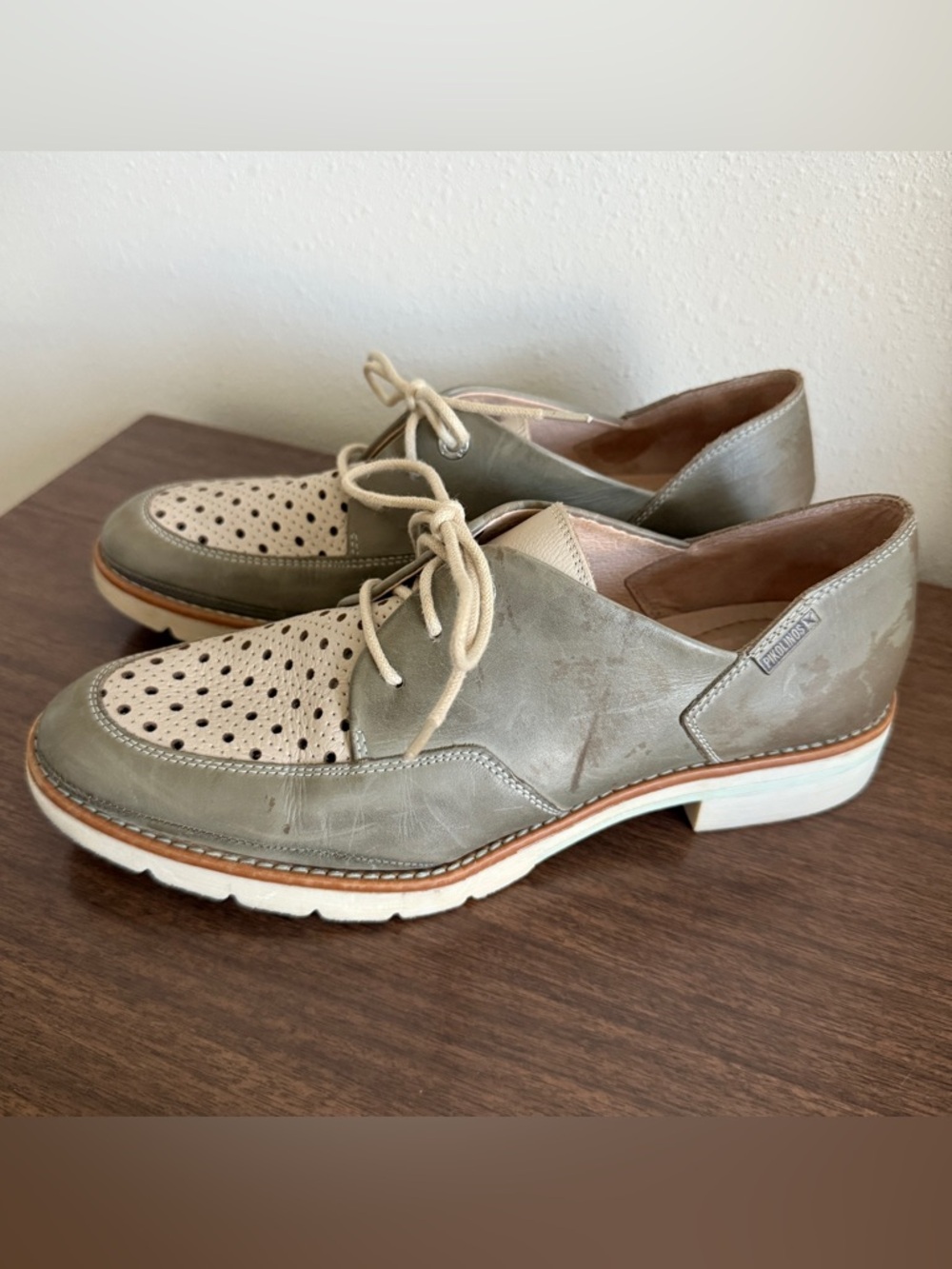 Pikolinos Sitges Lace Up Blucher Oxford Sol Leather Size 40 Green Cut Out Womens